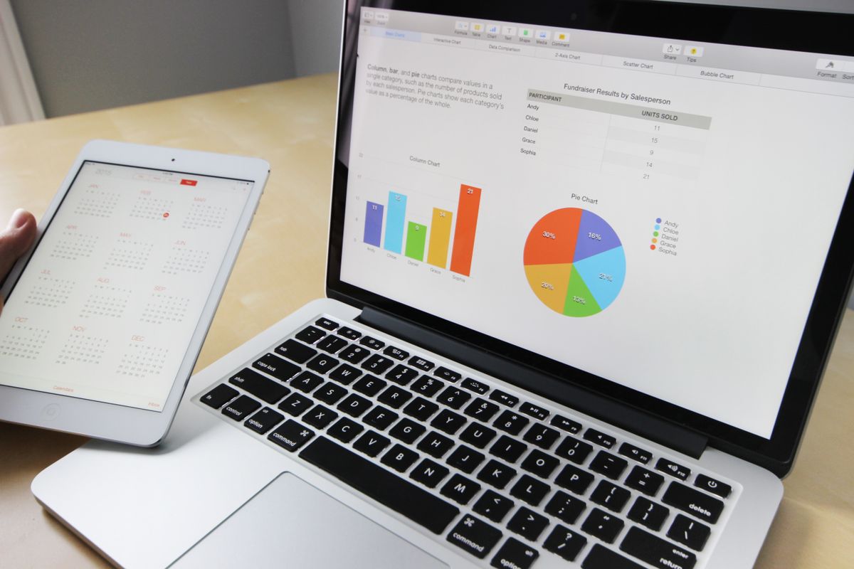 Laptop mit Auswertungen neben Tablet mit Jahreskalender